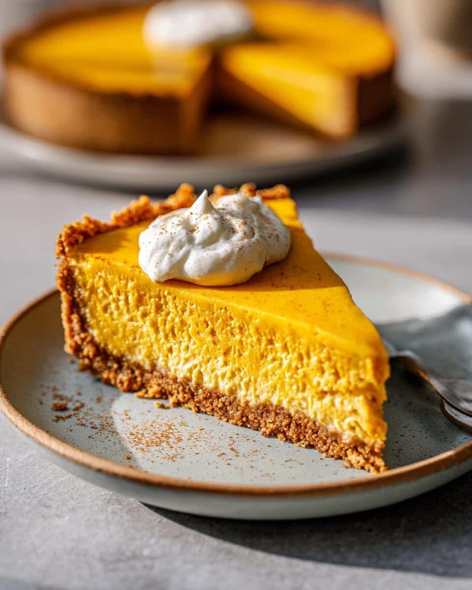 Divine Pumpkin Cheesecake: 10 Steps to Perfection 6 A perfect slice of creamy Pumpkin Cheesecake topped with whipped cream and a sprinkle of cinnamon.