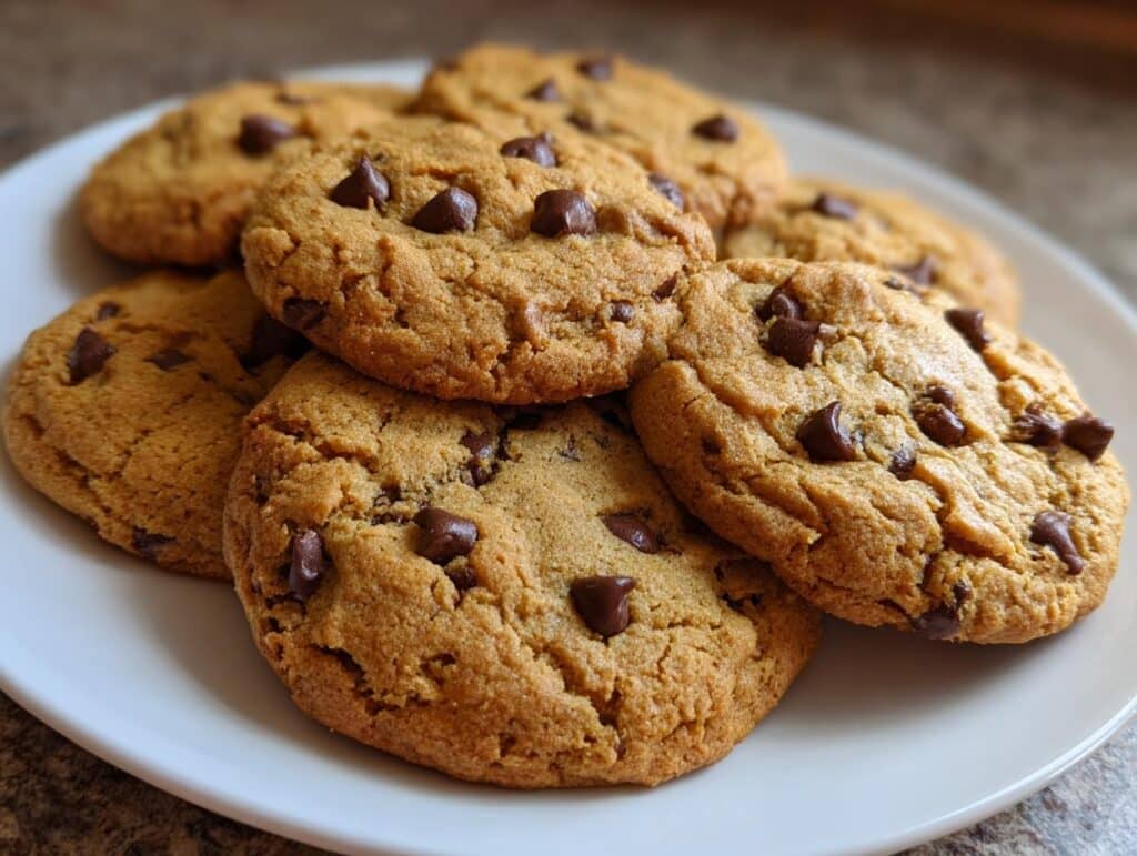 A close-up of several freshly baked Pumpkin Chocolate Chip Cookies piled on a white plate.