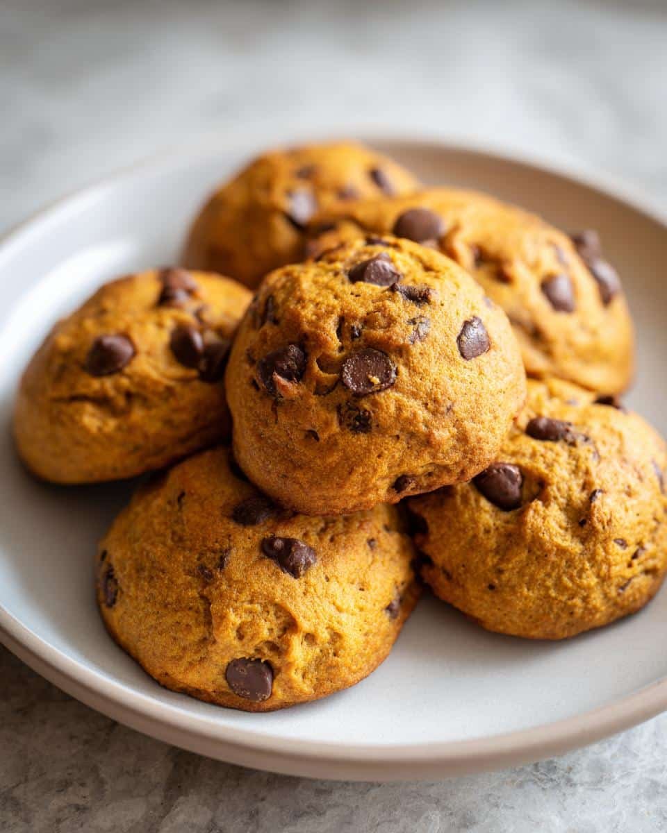 A close-up of several soft Pumpkin Chocolate Chip Cookies piled on a light grey plate.