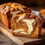 A slice of moist Pumpkin Cream Cheese Bread with swirls of cream cheese filling on a wooden board.