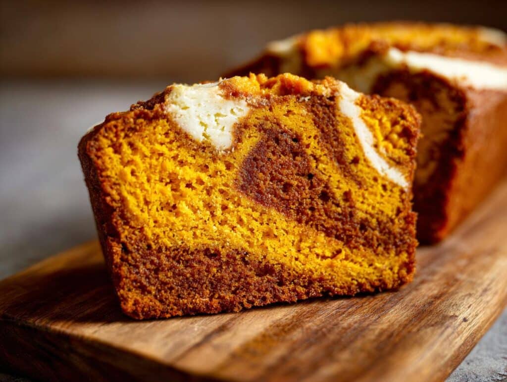 A close-up of a slice of Pumpkin Cream Cheese Bread, showcasing the rich orange pumpkin swirl and creamy white cream cheese.
