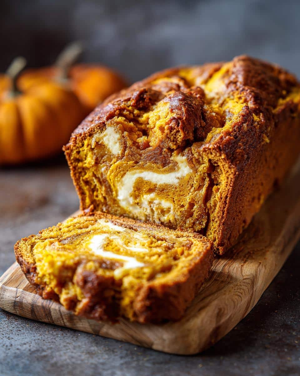 A slice of moist Pumpkin Cream Cheese Bread with swirls of cream cheese on a wooden cutting board.