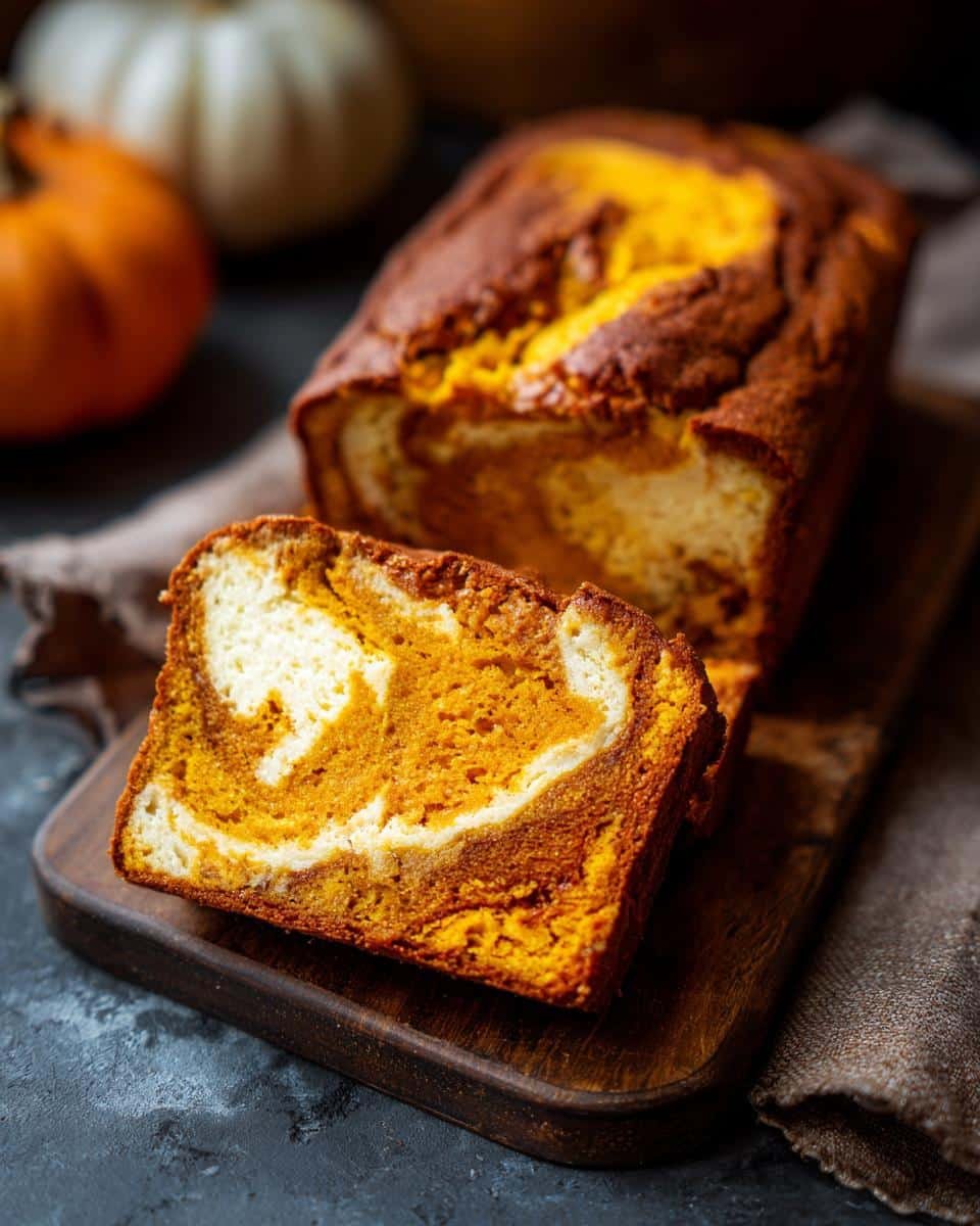 A slice of moist Pumpkin Cream Cheese Bread showcasing a beautiful swirl of pumpkin and cream cheese batter on a wooden board.