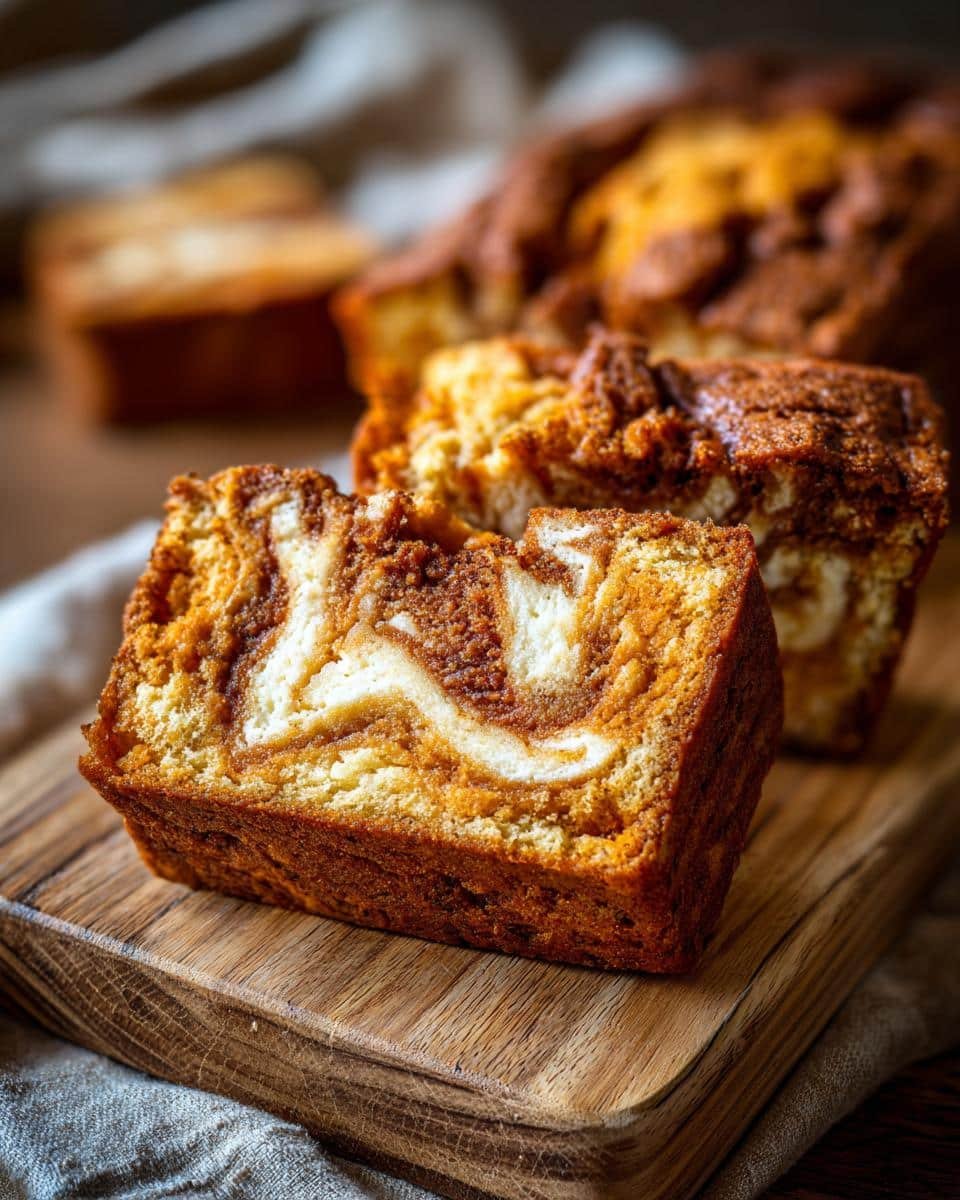 A close-up of a slice of Pumpkin Cream Cheese Bread, showing the swirled pumpkin and cream cheese batter.