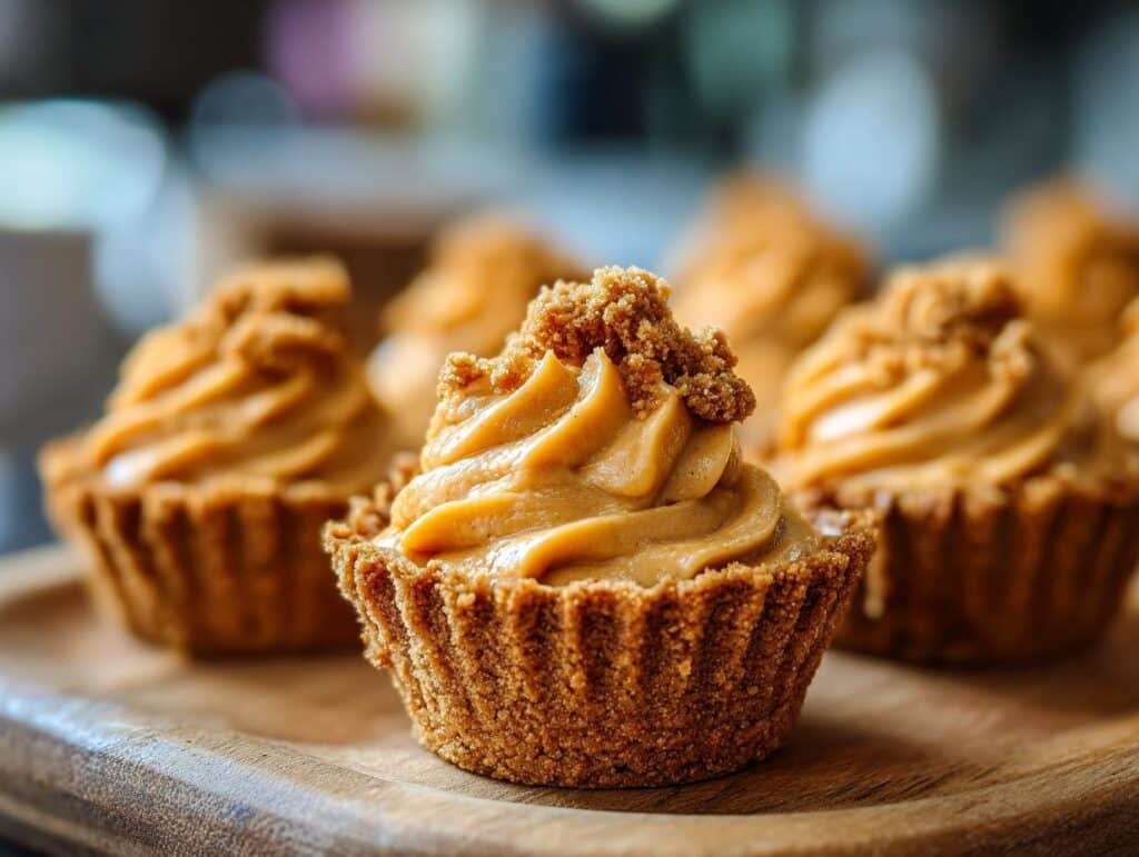 Close-up of a delicious Pumpkin Mousse Cup with piped caramel filling and a crumble topping.
