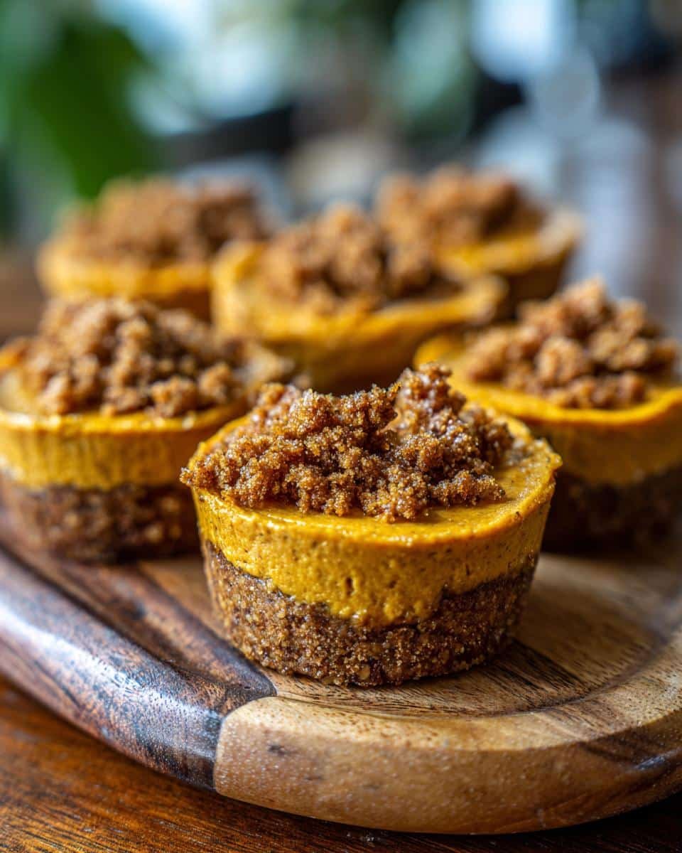Close-up of several Pumpkin Mousse Cups with a rich orange filling and a brown crumble topping on a wooden board.
