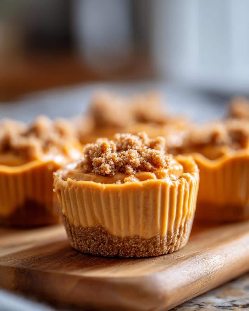 Close-up of a creamy Pumpkin Mousse Cup topped with a brown sugar crumble on a wooden board.