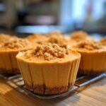 Close-up of a creamy Pumpkin Mousse Cup with a crumb topping, resting on a cooling rack.