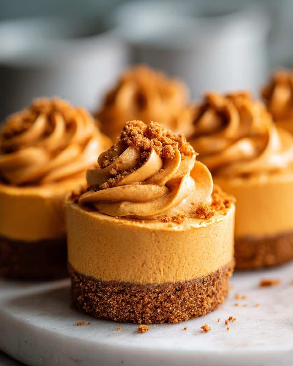 Close-up of individual Pumpkin Mousse Cups topped with swirls of mousse and cookie crumble.