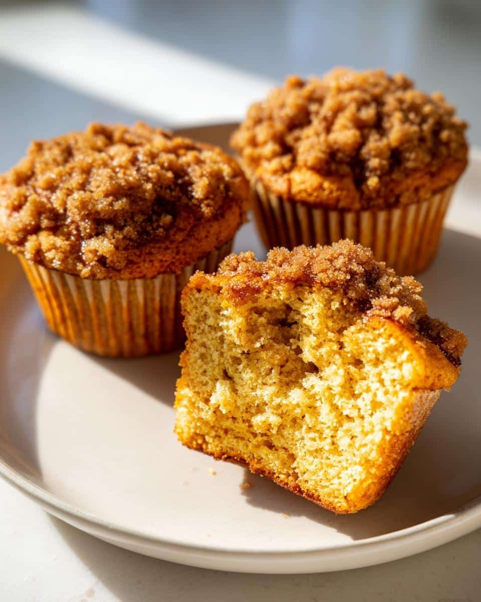 Close-up of two whole Pumpkin Muffins with Streusel and one muffin cut in half on a plate.