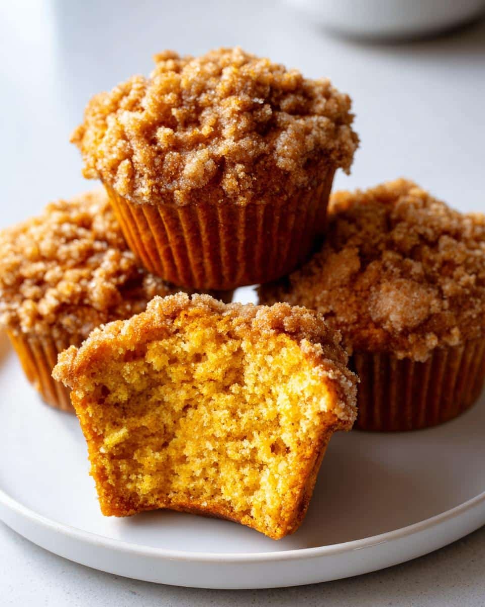 A close-up of fluffy Pumpkin Muffins with Streusel, one muffin cut in half to show the moist interior.
