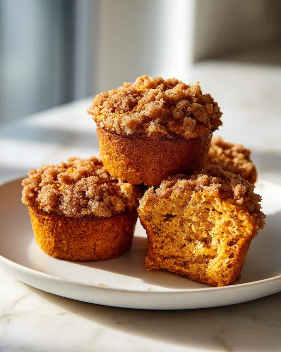 Close-up of moist Pumpkin Muffins with Streusel, one muffin cut in half to show texture.