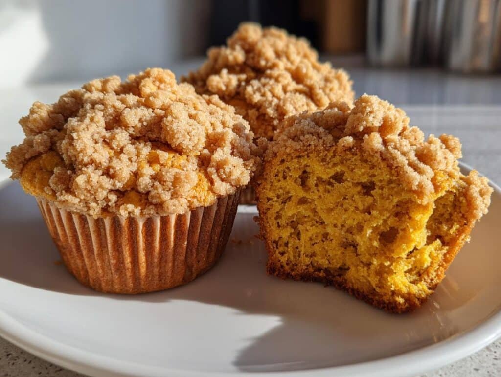 Close-up of two pumpkin muffins with streusel topping, one cut in half to reveal the moist interior.