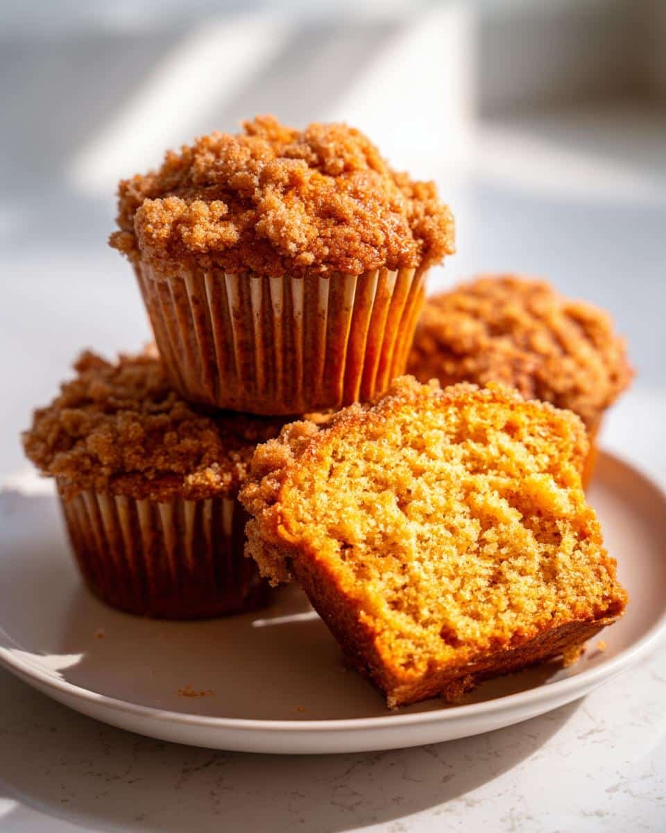 Close-up of three Pumpkin Muffins with Streusel, one cut in half to show the fluffy interior.