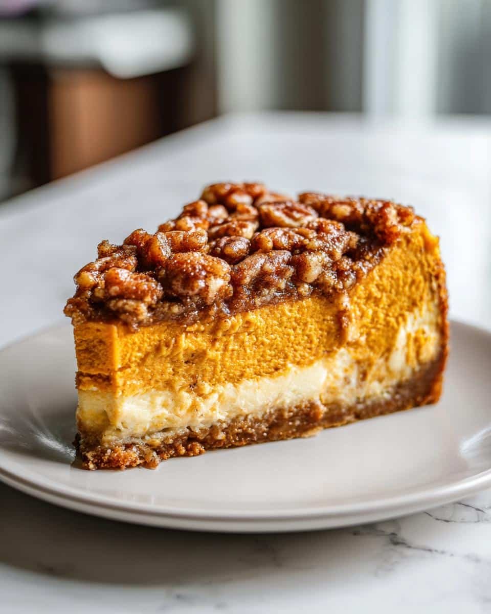 Amazing Pumpkin Pecan Cheesecake: 1 Perfect Recipe 6 A delicious slice of Pumpkin Pecan Cheesecake with a graham cracker crust and pecan topping.