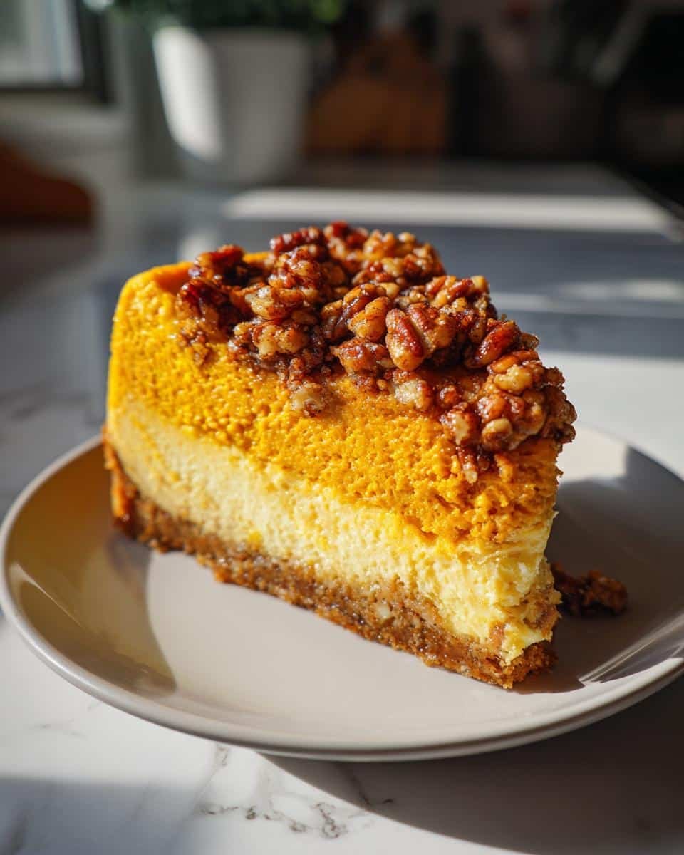 Amazing Pumpkin Pecan Cheesecake: 1 Perfect Recipe 7 A delicious slice of Pumpkin Pecan Cheesecake with a pecan topping on a light grey plate.