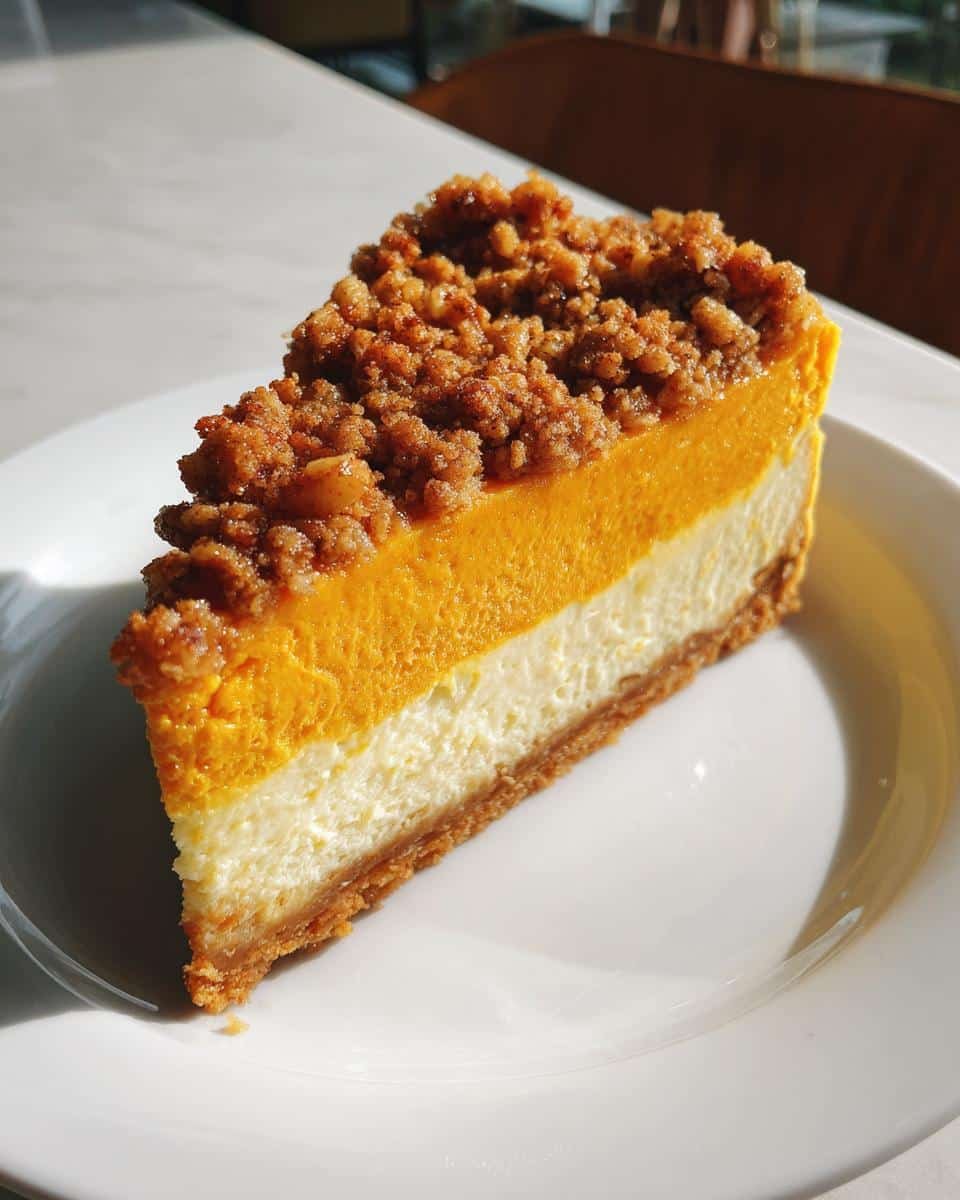 Amazing Pumpkin Pecan Cheesecake: 1 Perfect Recipe 8 A delicious slice of Pumpkin Pecan Cheesecake with a graham cracker crust and a crumble topping.