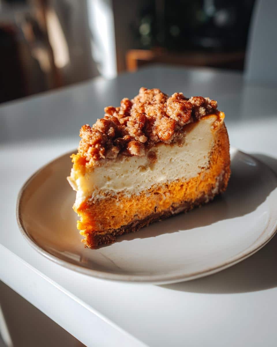 Amazing Pumpkin Pecan Cheesecake: 1 Perfect Recipe 9 A delicious slice of Pumpkin Pecan Cheesecake with a graham cracker crust and streusel topping.