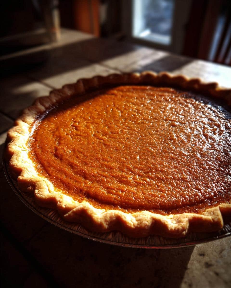 A close-up of a golden-brown Pumpkin Pie with a perfectly crimped crust, bathed in warm sunlight.
