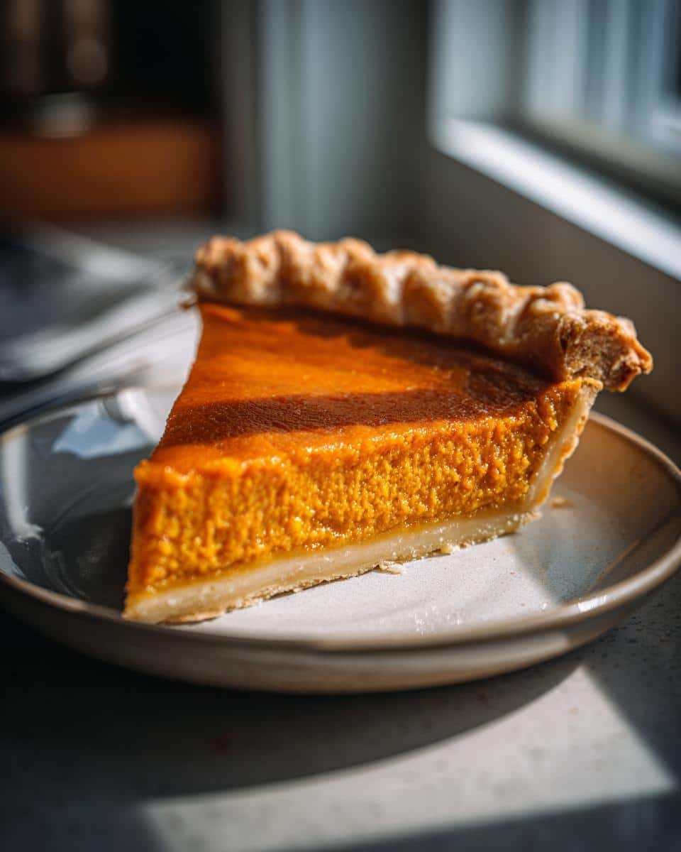 A close-up of a perfect slice of homemade pumpkin pie on a plate, with a flaky crust and smooth filling.