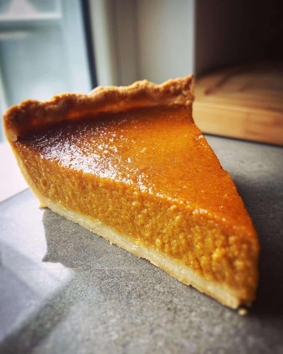 A close-up of a perfect slice of homemade Pumpkin Pie with a golden crust and smooth filling.