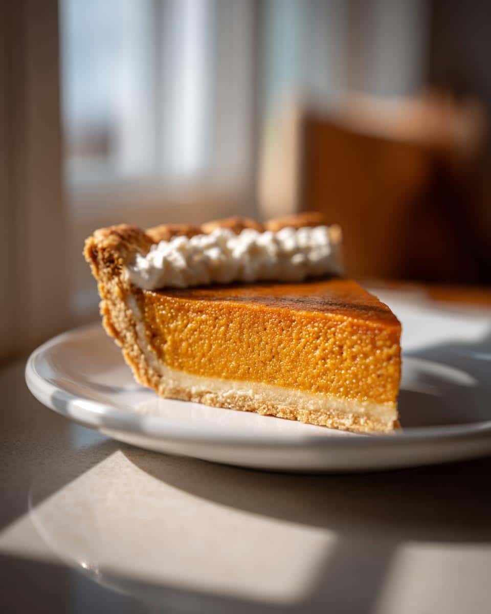 A delicious slice of homemade Pumpkin Pie topped with whipped cream, served on a white plate.