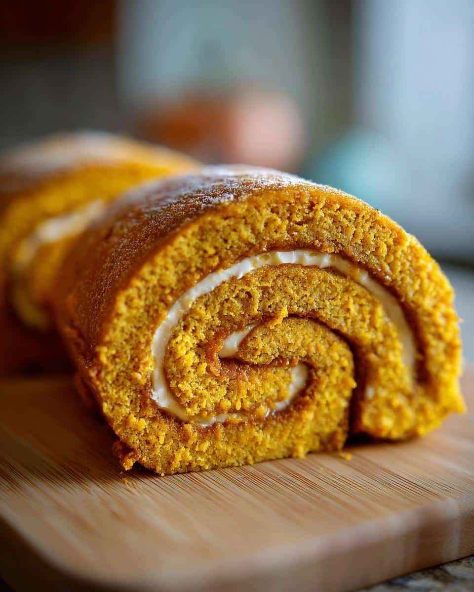 Amazing Pumpkin Roll Cake: 17 Years Chef-Tested 9 Close-up of a slice of Pumpkin Roll Cake, showcasing the spiral of pumpkin cake and cream cheese filling.