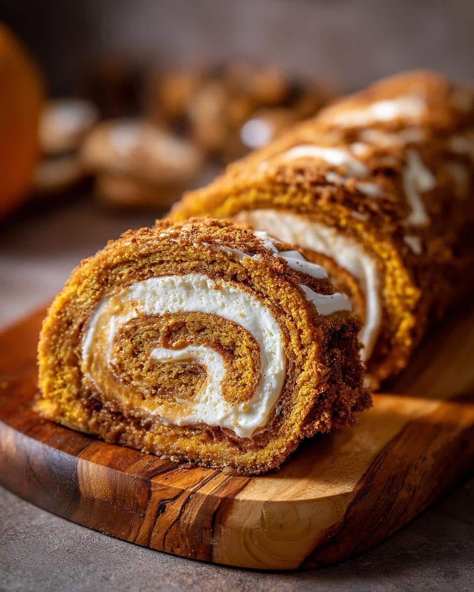 Amazing Pumpkin Roll Cake: 17 Years Chef-Tested 6 A close-up of a sliced Pumpkin Roll Cake, showcasing the spiral of pumpkin cake and creamy white filling.