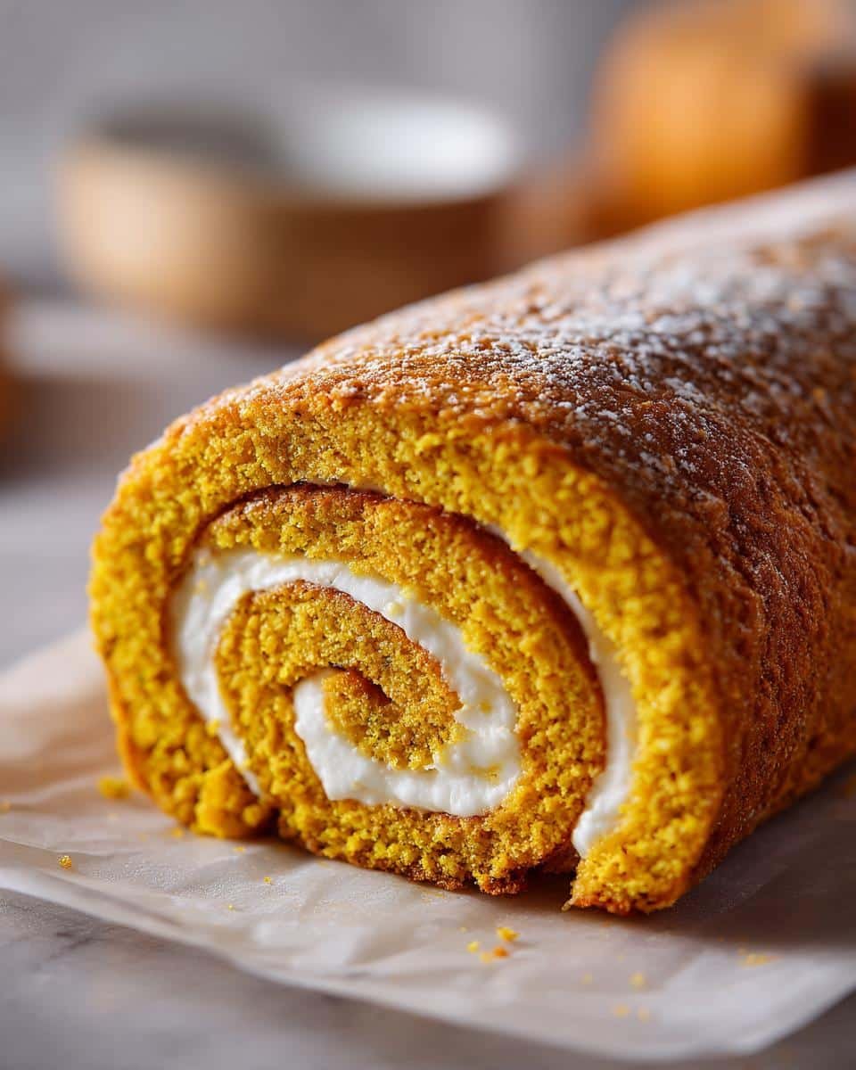 Amazing Pumpkin Roll Cake: 17 Years Chef-Tested 7 A close-up of a slice of Pumpkin Roll Cake, showcasing the vibrant orange cake and creamy white filling, dusted with powdered sugar.