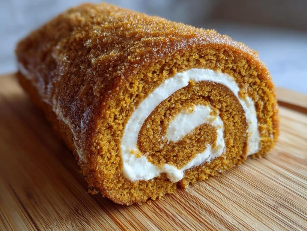 A close-up of a slice of Pumpkin Roll Cake, showcasing the moist cake and creamy white filling swirled inside.