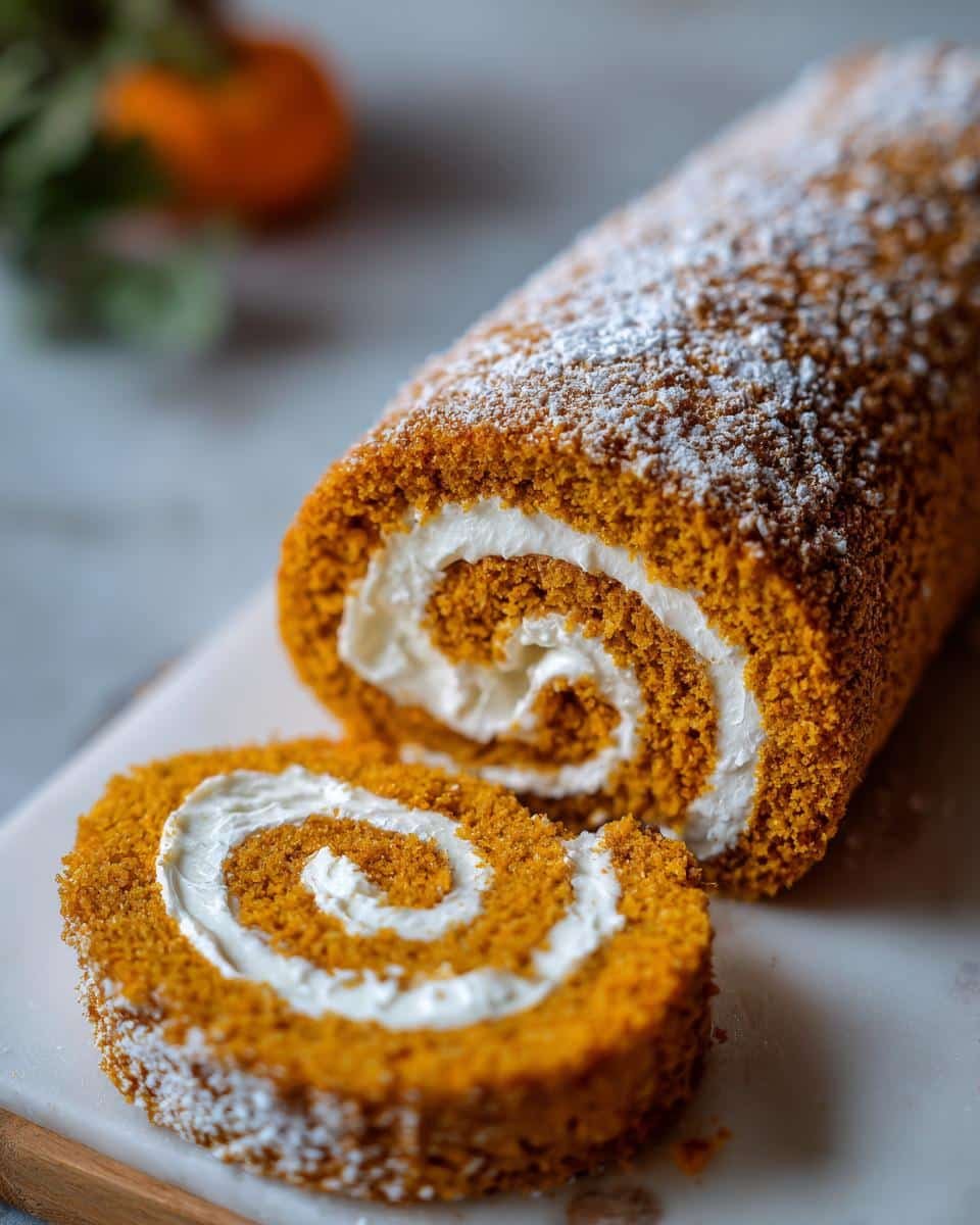 Amazing Pumpkin Roll Cake: 17 Years Chef-Tested 8 A close-up of a slice of Pumpkin Roll Cake, showcasing the vibrant orange cake and creamy white swirl filling, dusted with powdered sugar.