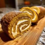 Close-up of sliced Pumpkin Roll Cake with creamy filling on a wooden board, dusted with powdered sugar.