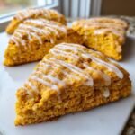 Close-up of freshly baked Pumpkin Scones with Glaze, showing their flaky texture and drizzled icing.