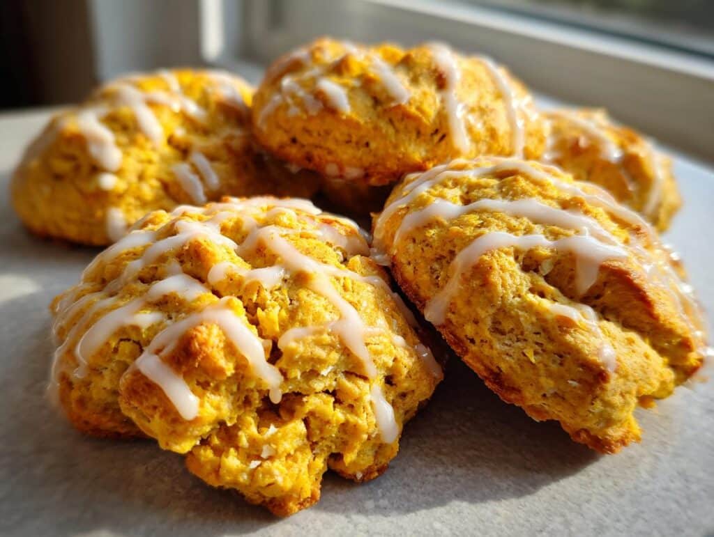 Close-up of several golden Pumpkin Scones with Glaze drizzled on top.