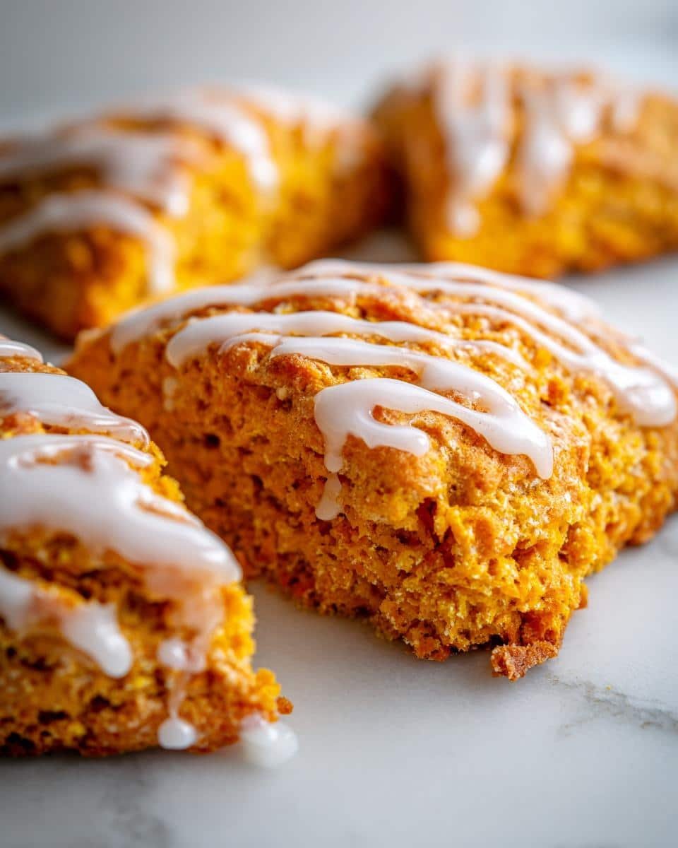 Easy Pumpkin Scones with Glaze: 8 Perfect Bites 8 Close-up of freshly baked Pumpkin Scones with Glaze, drizzled with white icing on a marble surface.