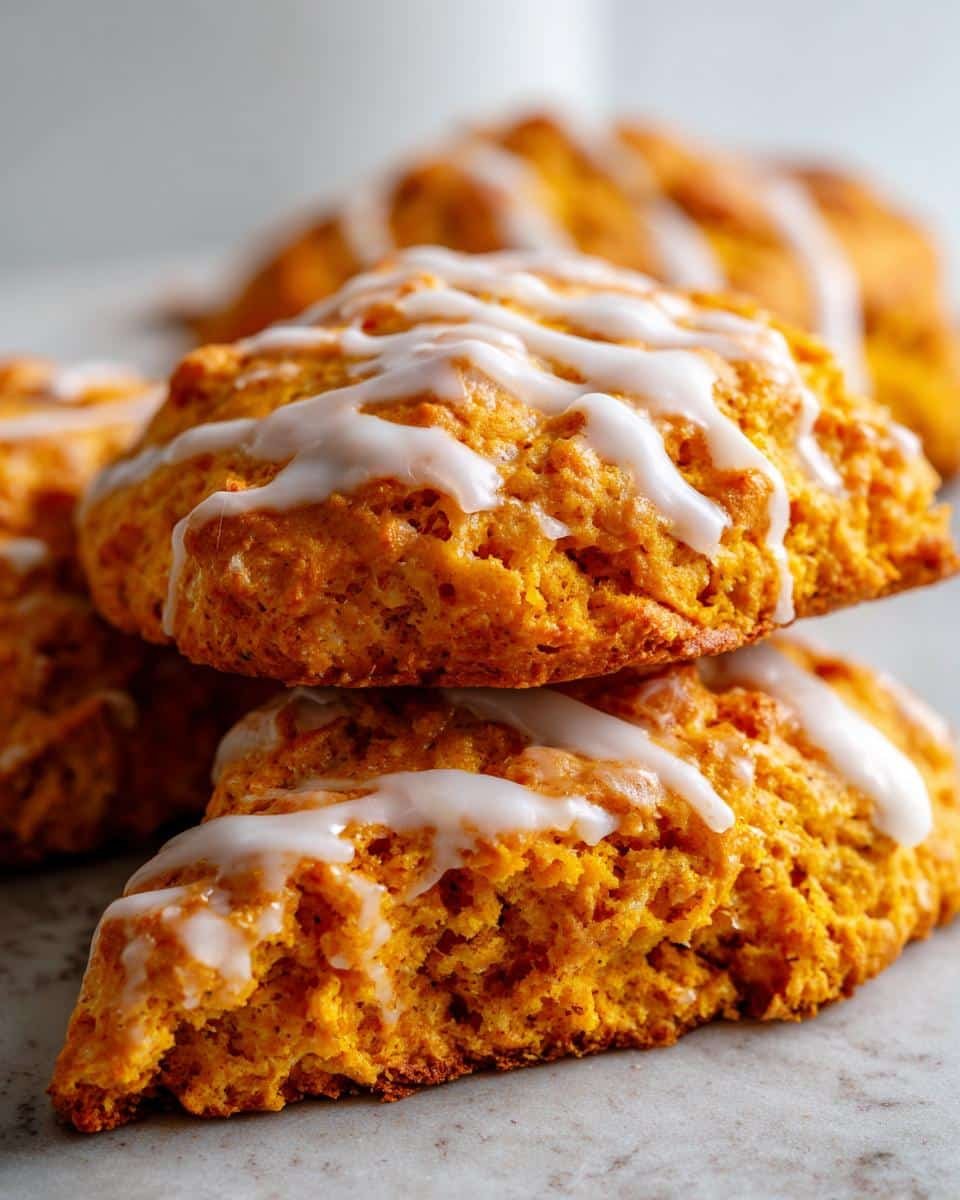 Easy Pumpkin Scones with Glaze: 8 Perfect Bites 6 Close-up of two stacked Pumpkin Scones with Glaze, showing their texture and drizzled icing.
