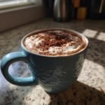 A close-up of a blue mug filled with creamy Pumpkin Spice Hot Chocolate, topped with whipped cream and cocoa powder.