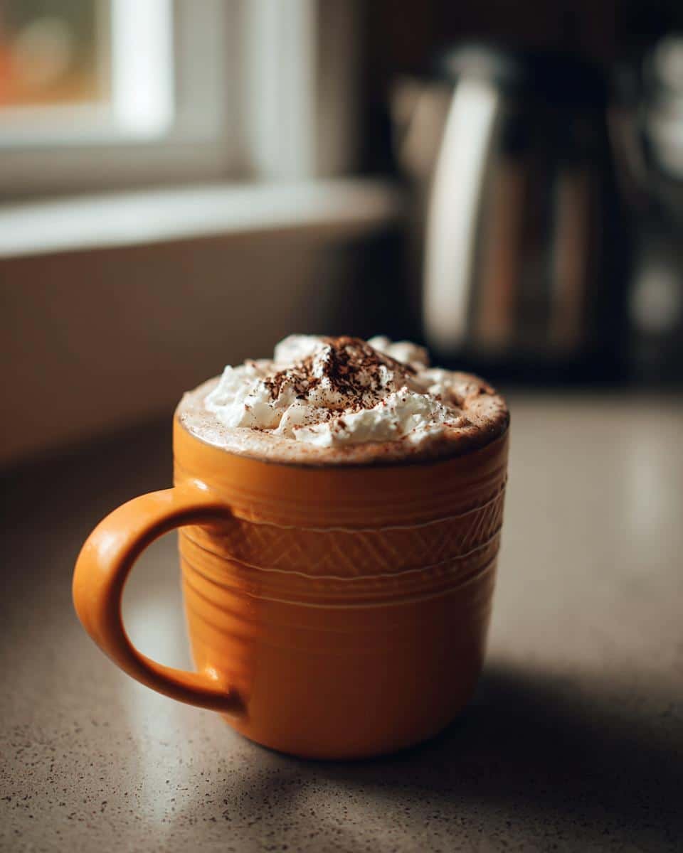 Amazing Pumpkin Spice Hot Chocolate: 15 Min Recipe 9 A warm mug of Pumpkin Spice Hot Chocolate topped with whipped cream and a sprinkle of cinnamon.