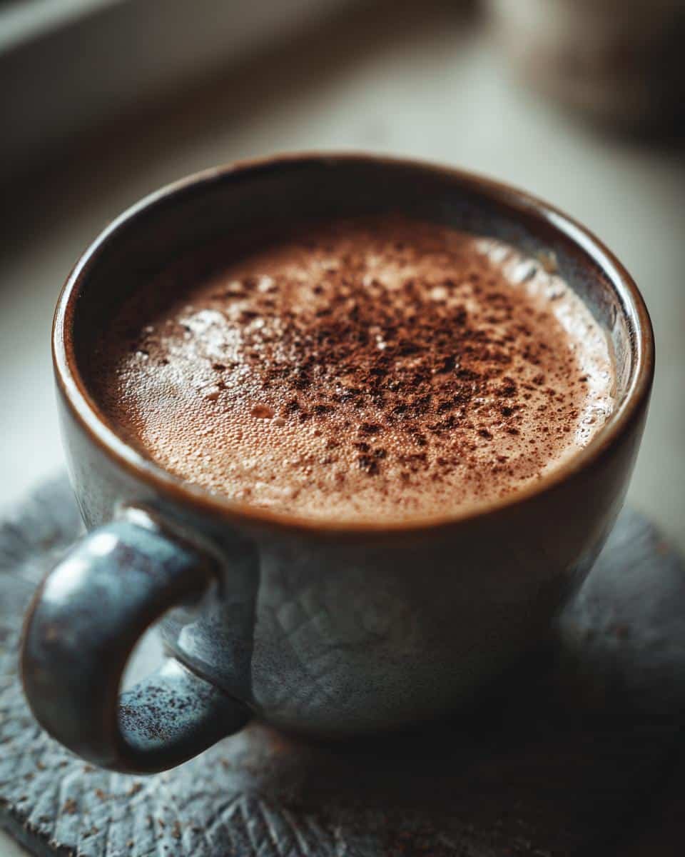 Amazing Pumpkin Spice Hot Chocolate: 15 Min Recipe 8 Close-up of a steaming mug of Pumpkin Spice Hot Chocolate, dusted with cocoa powder.