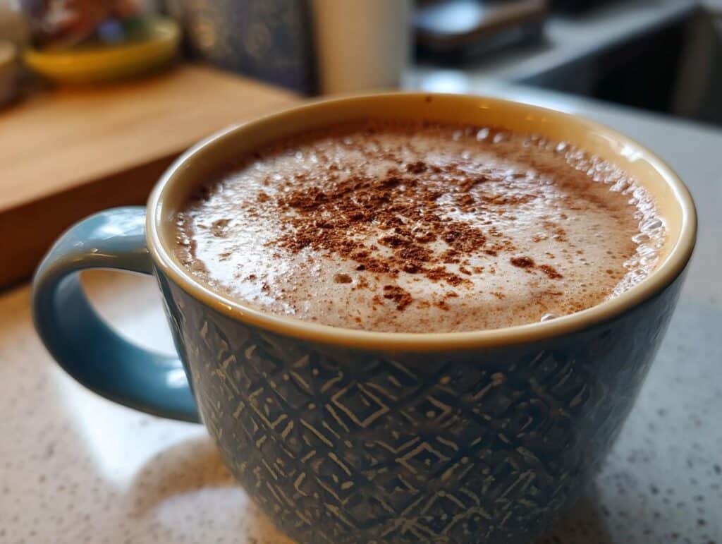 A close-up of a steaming mug of Pumpkin Spice Hot Chocolate, topped with foam and a sprinkle of cinnamon.