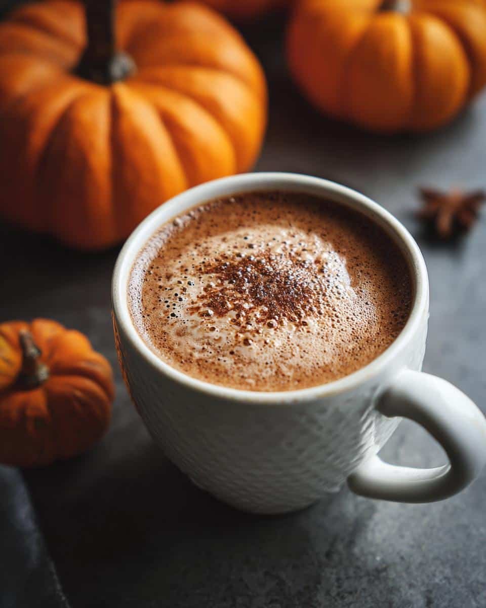 Amazing Pumpkin Spice Hot Chocolate: 15 Min Recipe 7 A cozy white mug filled with frothy Pumpkin Spice Hot Chocolate, surrounded by mini pumpkins.