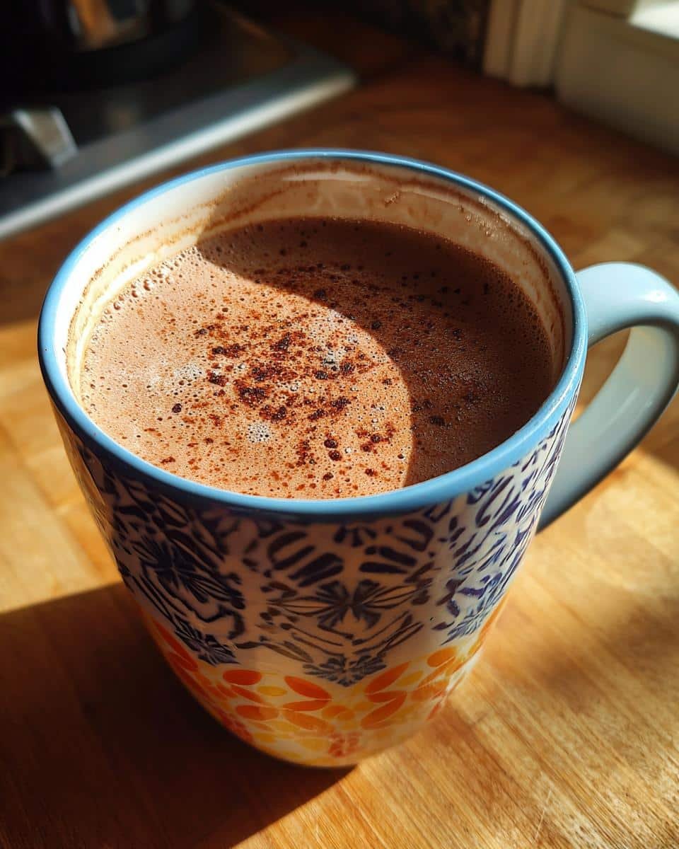 Amazing Pumpkin Spice Hot Chocolate: 15 Min Recipe 6 A close-up of a warm mug of Pumpkin Spice Hot Chocolate, sprinkled with cocoa powder, on a wooden surface.