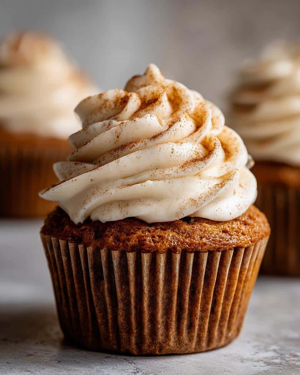 Amazing Pumpkin Spice Latte Cupcakes 9 Close-up of a perfectly frosted Pumpkin Spice Latte Cupcake, dusted with cinnamon.