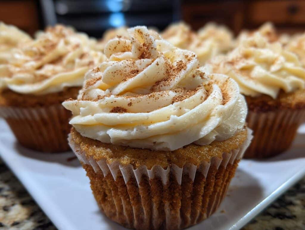 Close-up of a Pumpkin Spice Latte Cupcake topped with creamy frosting and a sprinkle of cinnamon.