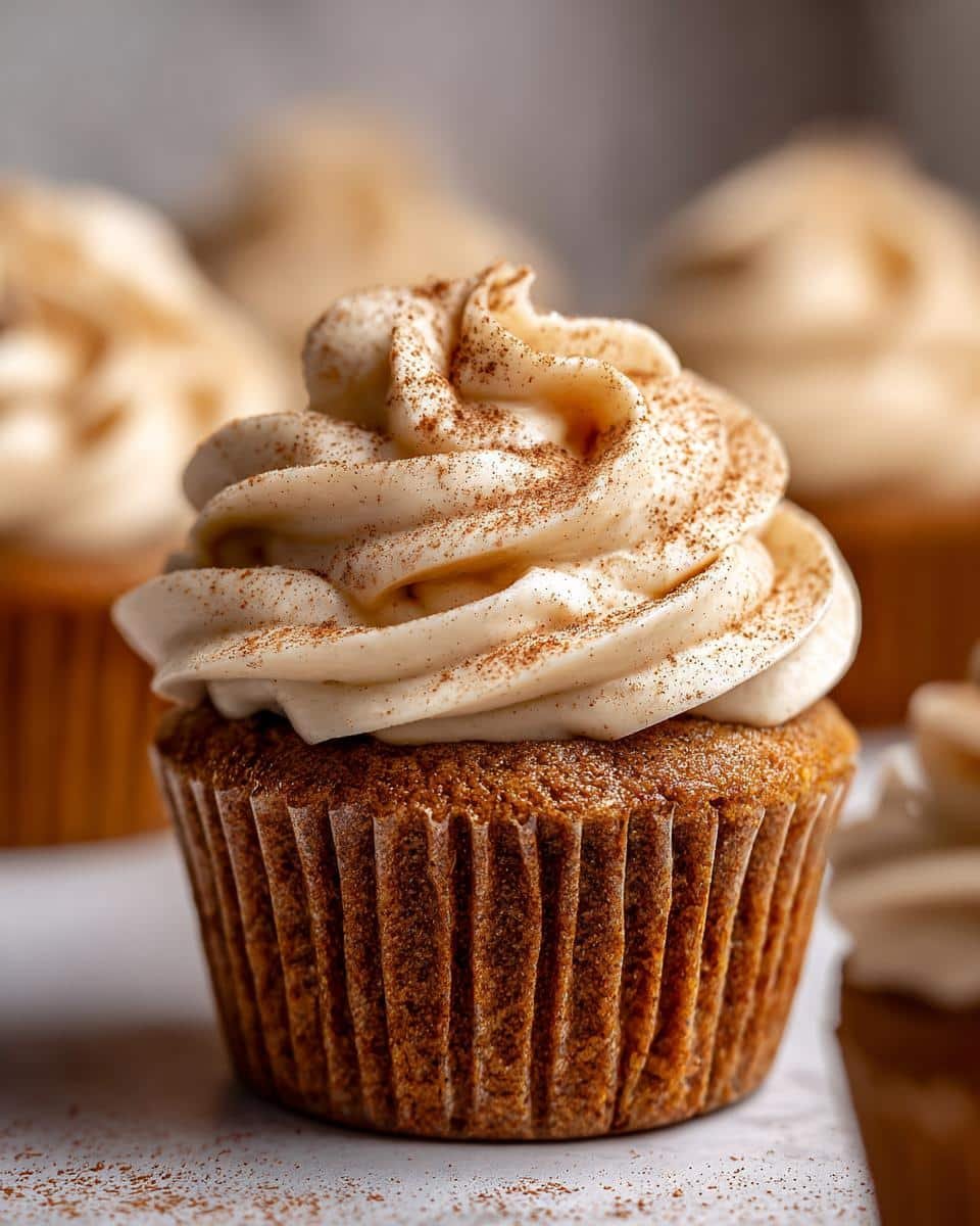 Amazing Pumpkin Spice Latte Cupcakes 8 Close-up of a delicious Pumpkin Spice Latte Cupcake topped with swirled cinnamon frosting and a dusting of cinnamon.