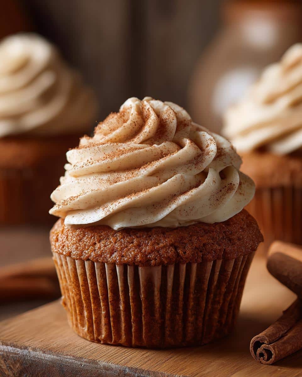 Amazing Pumpkin Spice Latte Cupcakes 6 Close-up of a delicious Pumpkin Spice Latte Cupcake with creamy frosting and cinnamon dusting.