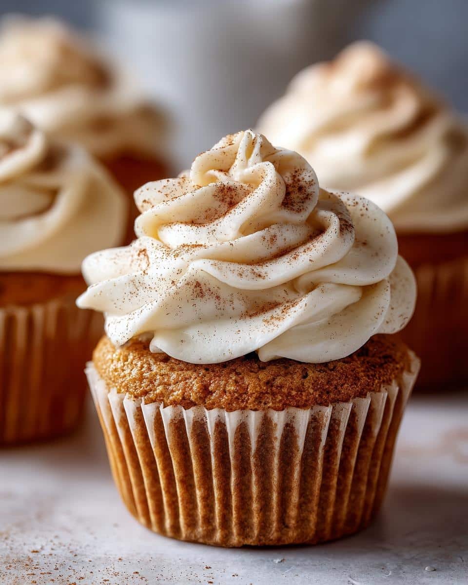 Amazing Pumpkin Spice Latte Cupcakes 7 Close-up of a delicious Pumpkin Spice Latte Cupcake topped with swirled cream cheese frosting and a dusting of cinnamon.