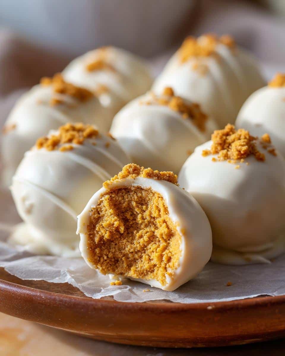 Close-up of white chocolate Pumpkin Spice Truffles, one bitten to reveal the spiced pumpkin filling.