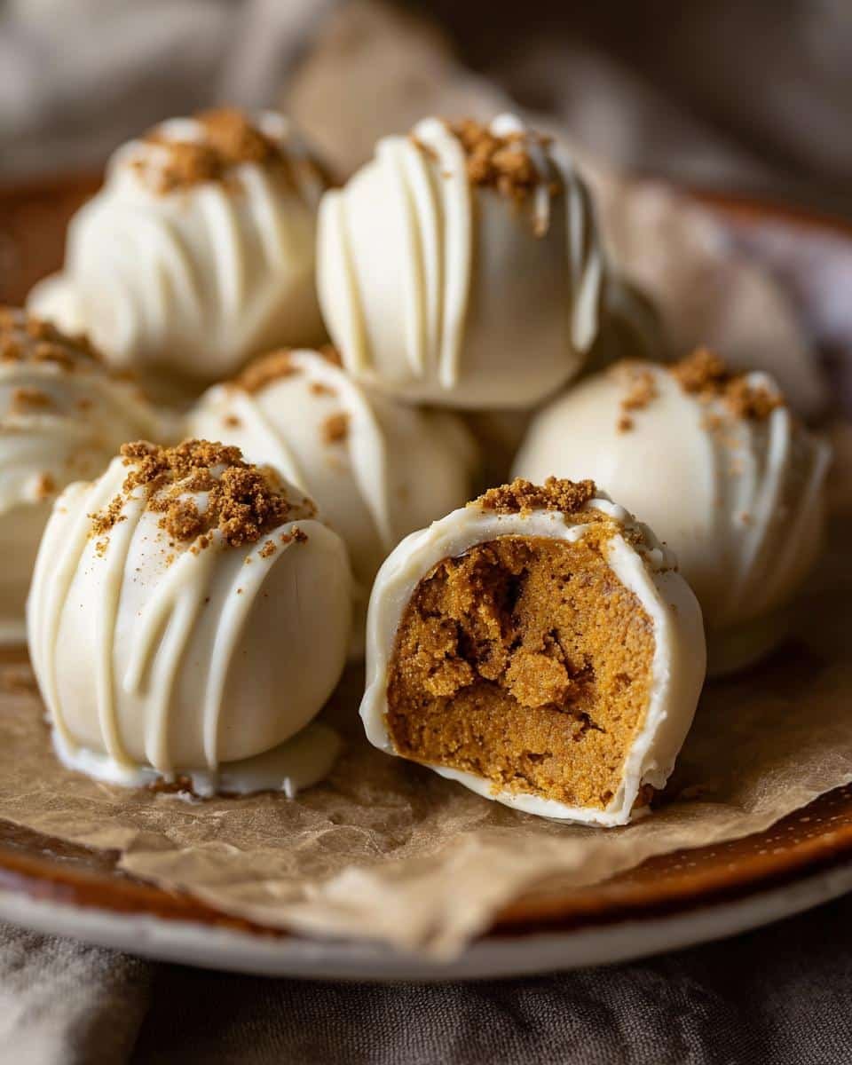 Close-up of white chocolate Pumpkin Spice Truffles, one cut in half to show the rich pumpkin filling, sprinkled with crumbs.