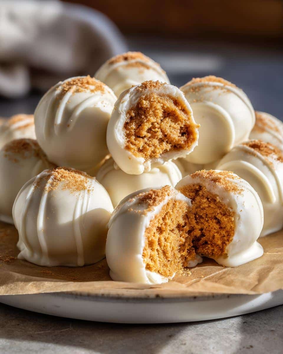 A pile of white chocolate covered Pumpkin Spice Truffles, one cut in half to show the textured interior.